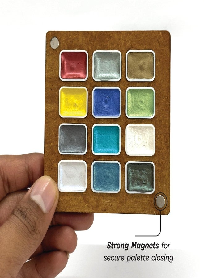 The Crafthives Metallic Watercolour Palette, 12 Shades, Wooden Case with Magnetic Pans, 9x8 cm - Image 3